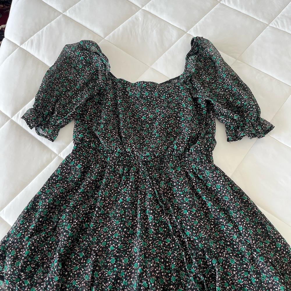 Black/Green Floral Romper with Puff Sleeves